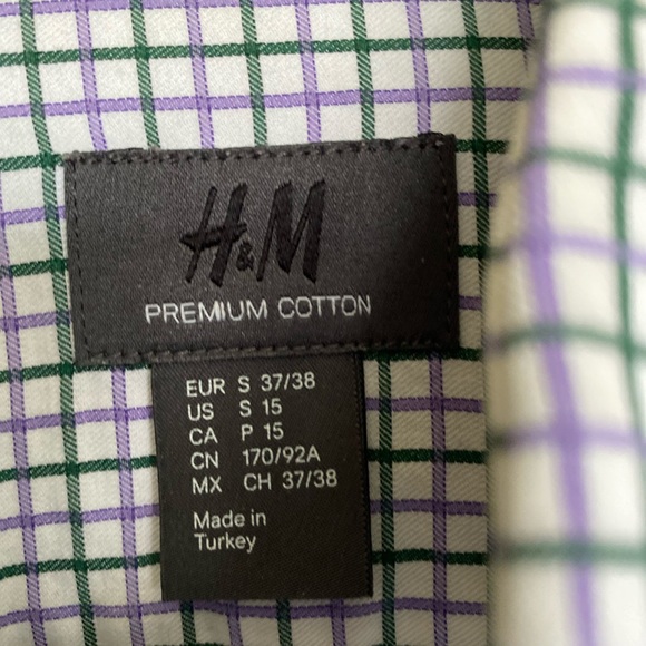 H&M Easy Care Men’s Button Up Cotton Shirt Checkered Green/Purple/White SZ S15 - Picture 7 of 11